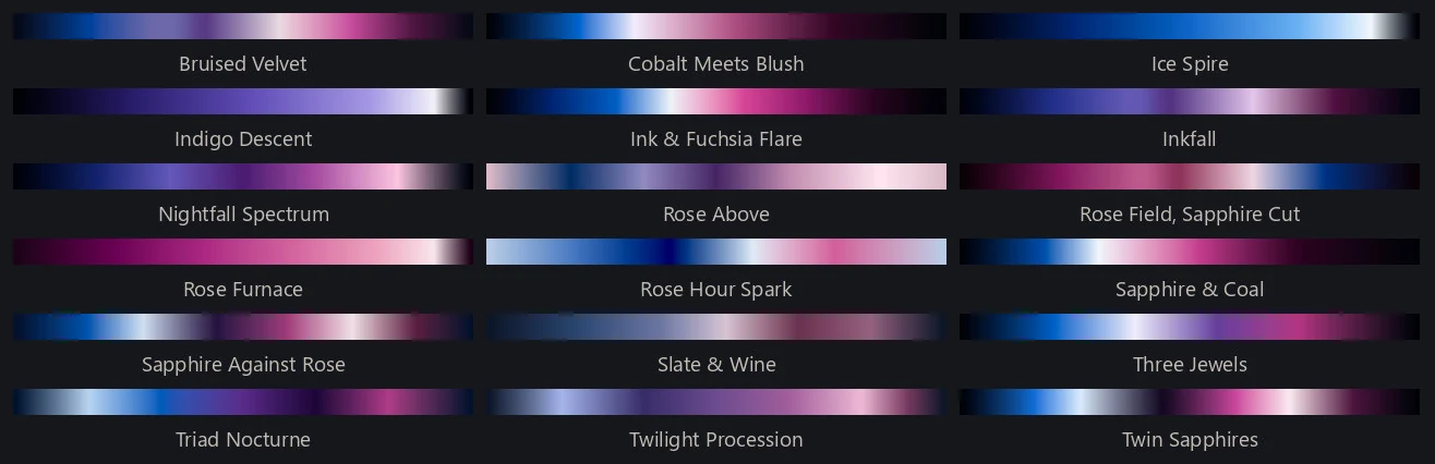 Eighteen gradient strips from one generated batch, each labeled with the palette's name.