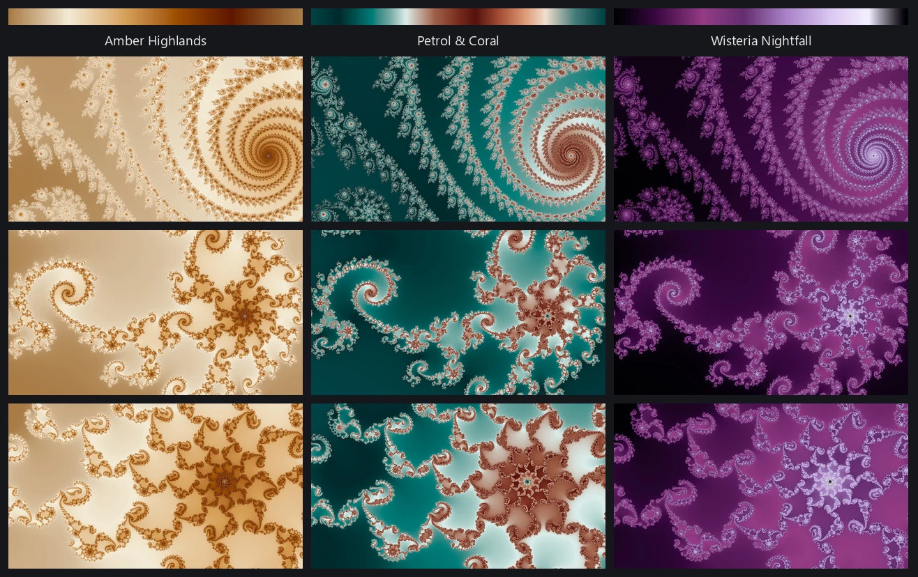 Three fractal locations down, three palettes across: nine renders in a grid, with a gradient strip above each column.
