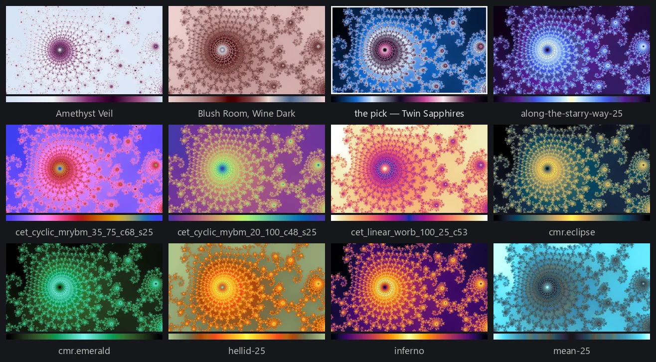 One location drawn twelve times under twelve different palettes, one of them outlined as the palette judge's pick.