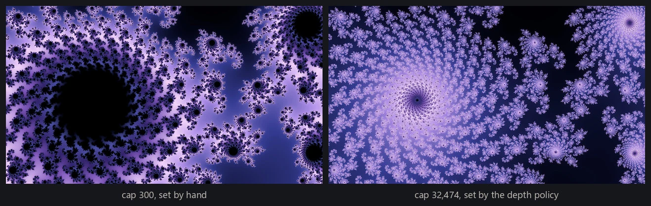 One deep Mandelbrot location at a cap of 300 beside the same location at the automatic cap of 32,474.