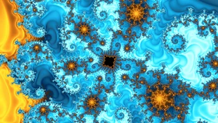 A wallpaper drawn in triangle-inequality average, in the Multibrot d = 5 family.