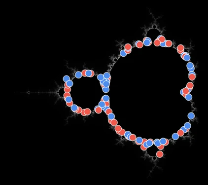 The atlas for Mandelbrot: the parameter plane in gray, marked with 113 dots, 58 blue for places on the plane and 55 red for the values of c whose Julia sets hold one, each a place good enough for the gallery.