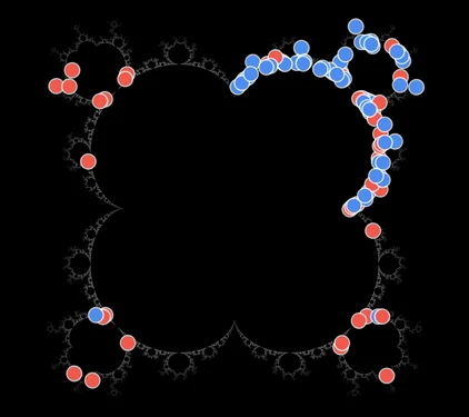 The atlas for Multibrot, degree 5: the parameter plane in gray, marked with 99 dots, 59 blue for places on the plane and 40 red for the values of c whose Julia sets hold one, each a place good enough for the gallery.