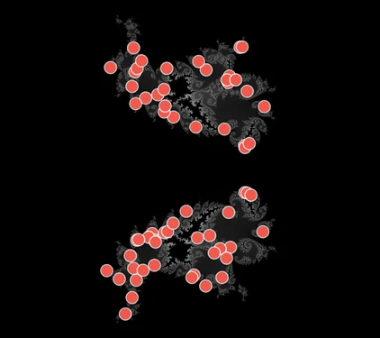 The Phoenix atlas: the classic Phoenix slice in gray, marked with 63 red dots, each a place on the slice good enough for the gallery.