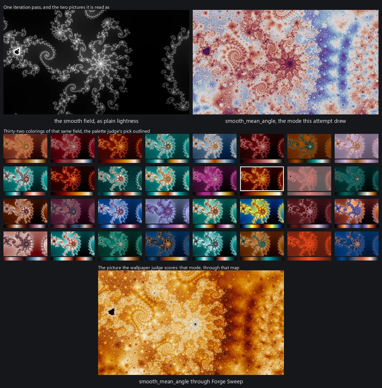 One location through one attempt: its smooth field as plain lightness beside the same location in the rendering mode the attempt drew, then a block of thirty-two colorings of that field with the chosen one outlined, and last the small render that is judged.