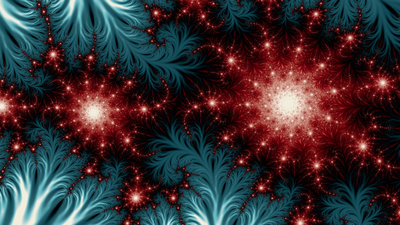 A Julia set in the tia mode: clusters of glowing red points among teal fronds, in the Oxblood, Cyan, Cream palette.