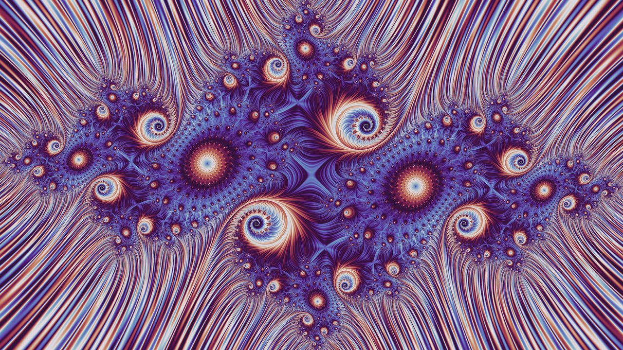 A whole Julia set in stripe mode: a band of spirals and starbursts across the center, with streaming stripes above and below.